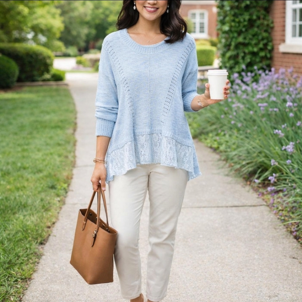 Keren Hart knit crochet lace lightweight sweater drop shoulder blue small
